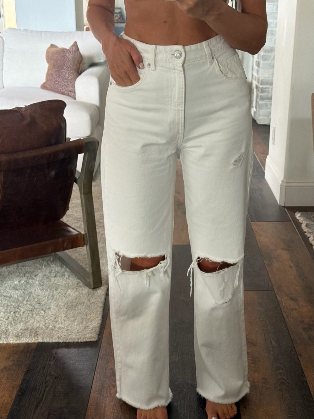 Zara White Distressed Straight-Leg Jeans
